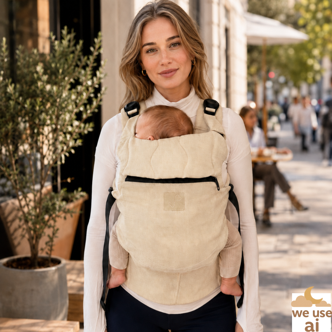 Calme Calin ergonomische Babytrage aus Leinen – mit integriertem Stillumhang, magnetischen Verschlüssen & breitem Bauchgurt