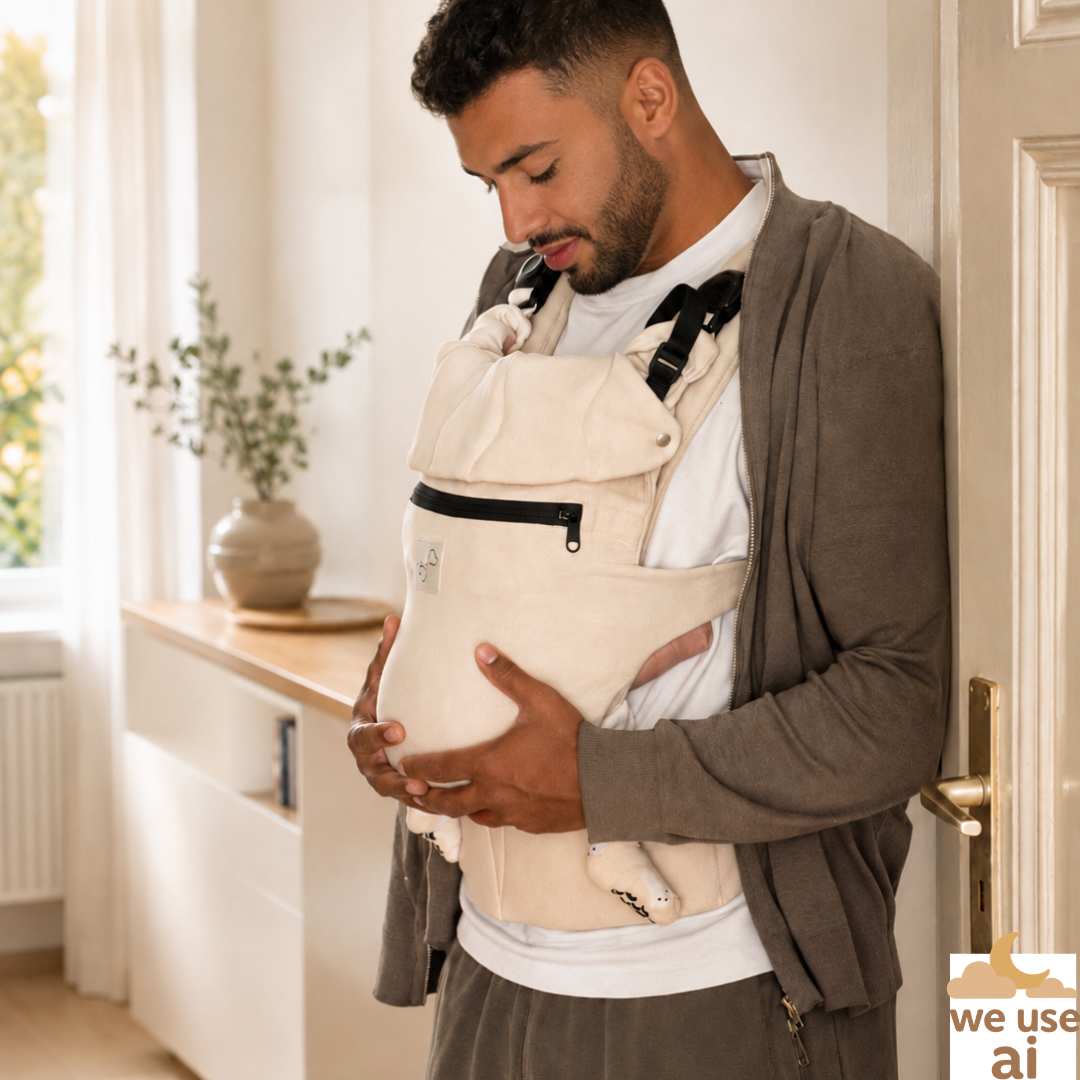Calme Calin ergonomische Babytrage aus Leinen – mit integriertem Stillumhang, magnetischen Verschlüssen & breitem Bauchgurt