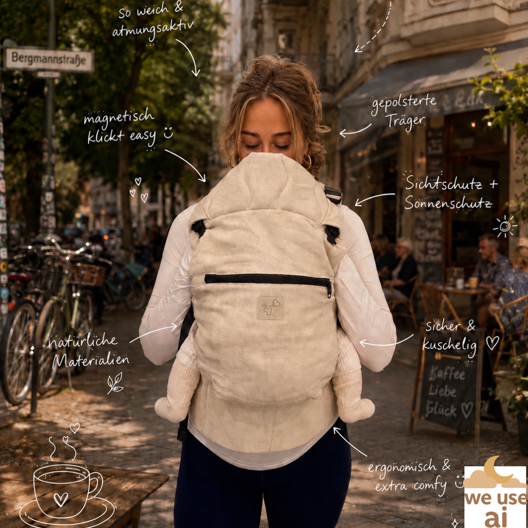 Calme Calin ergonomische Babytrage aus Leinen – mit integriertem Stillumhang, magnetischen Verschlüssen & breitem Bauchgurt