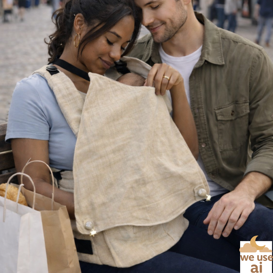 Calme Calin ergonomische Babytrage aus Leinen – mit integriertem Stillumhang, magnetischen Verschlüssen & breitem Bauchgurt